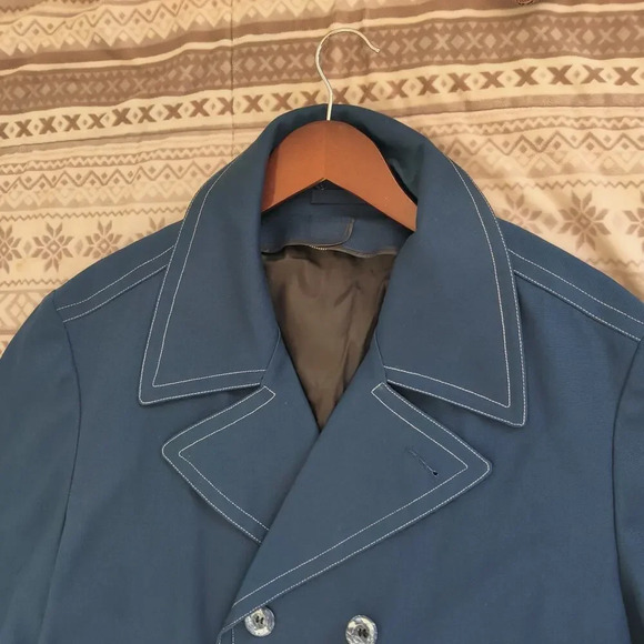 London Fog Navy Blue Trench Coat Utility Jacket Belted Size 14 Double Breasted - Picture 7 of 9